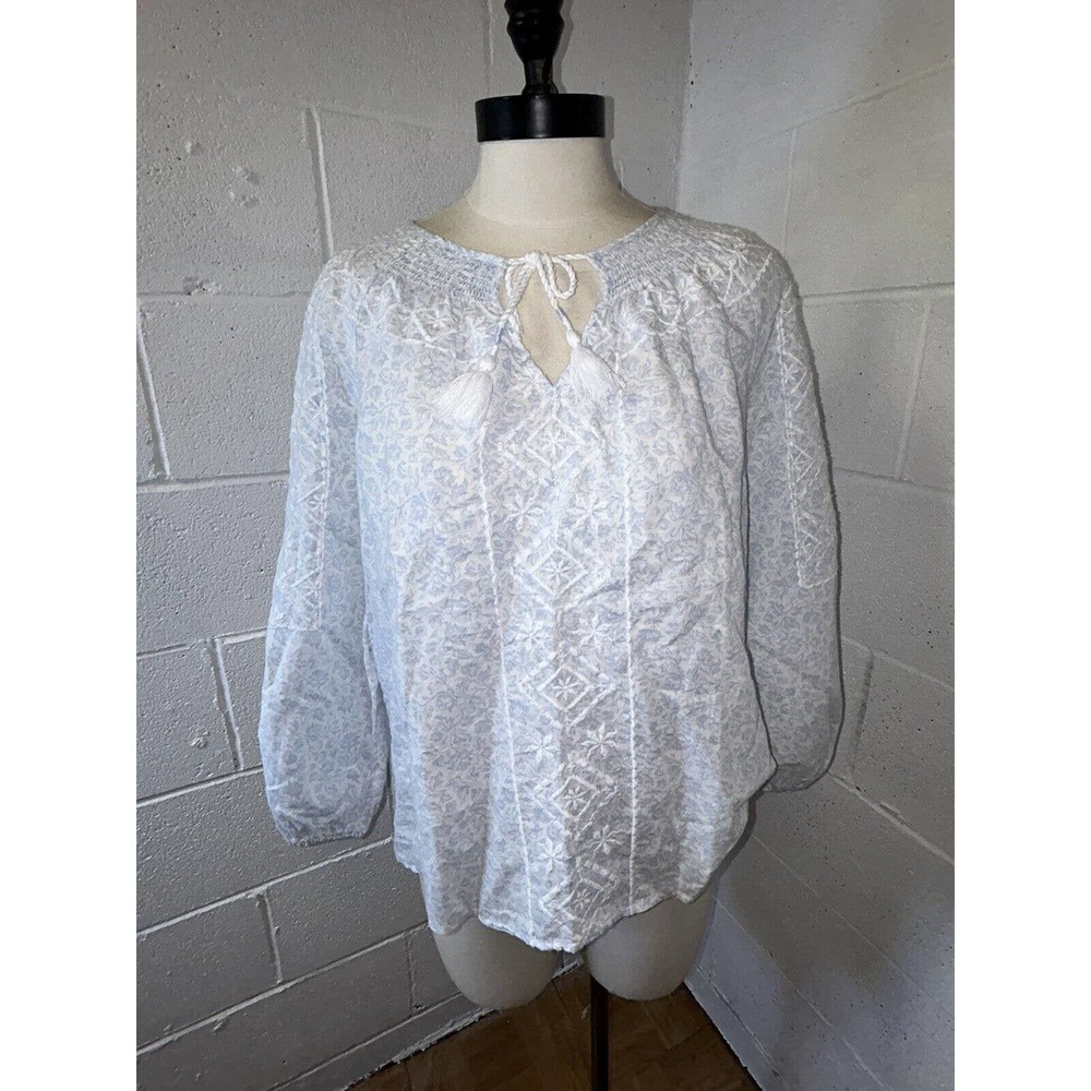 Joie Top Blouse Linen Blend Embroidered Floral Light Blue‎ Sz S Rushing Tassels